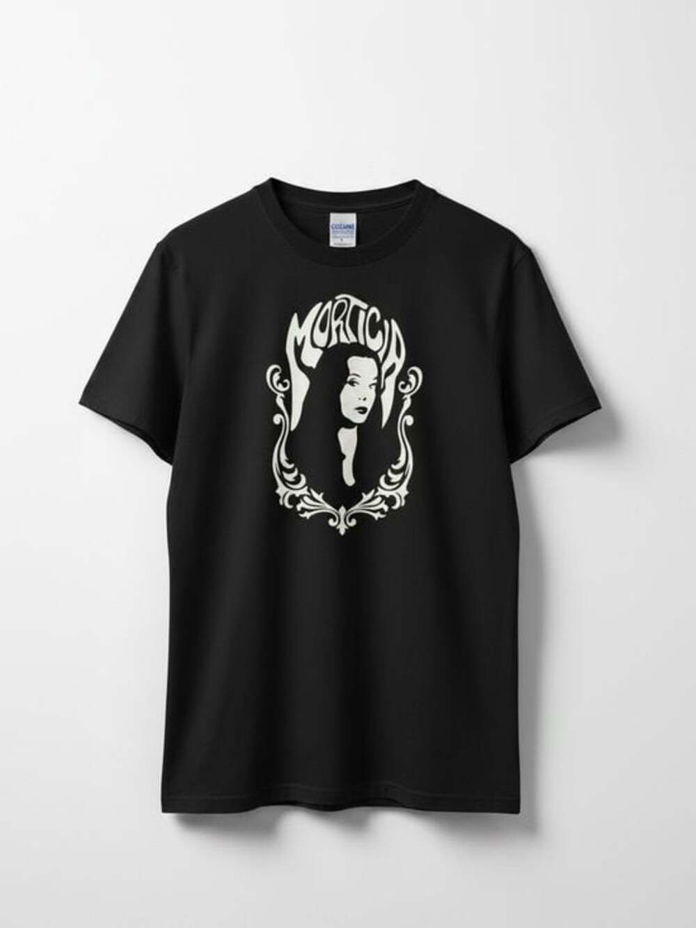 Morticia Addams Black Graphic Tee | Gothic Art Nouveau Star Logo Back